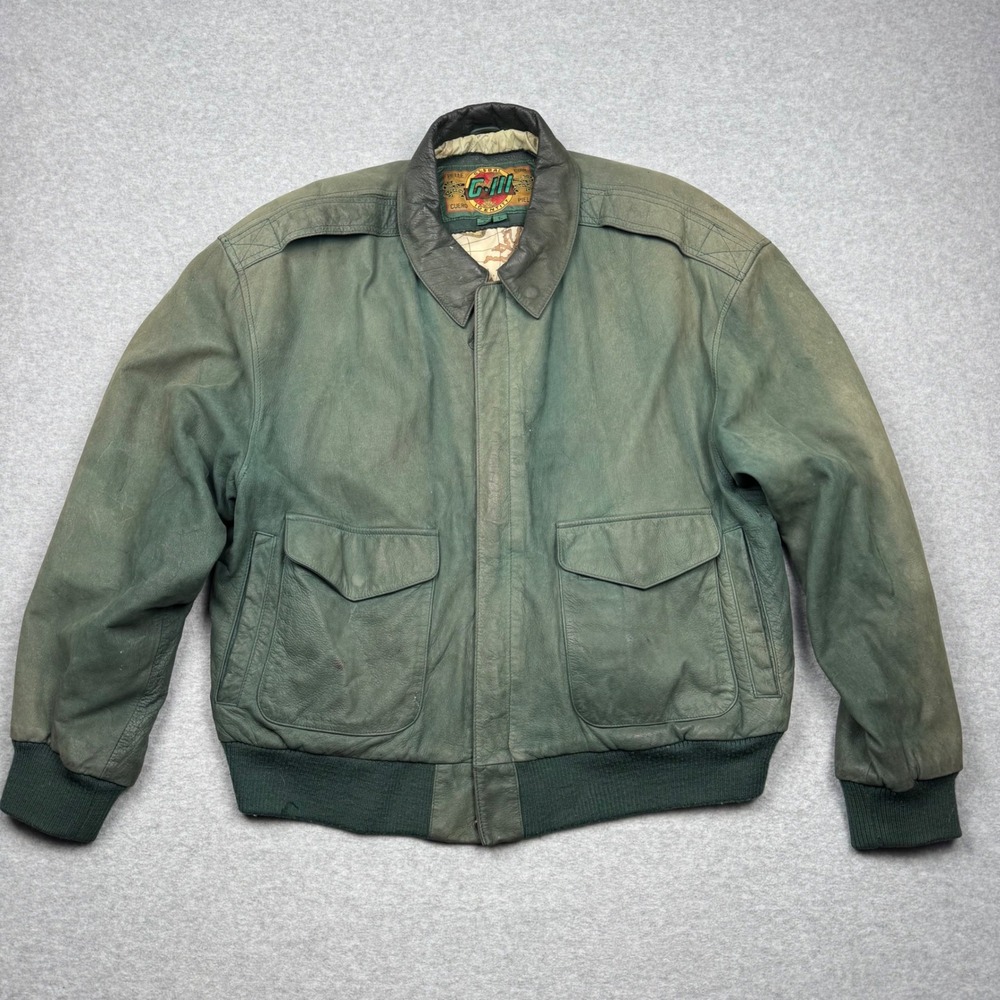 Vintage G-III Global Identity Green Leather Bomber Jacket Mens Large Map Lining